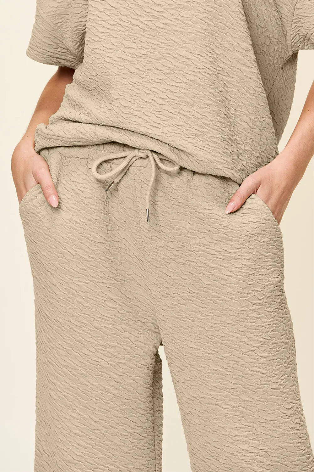 Double Take Full Size Texture Short Sleeve Top and Pants Set - -