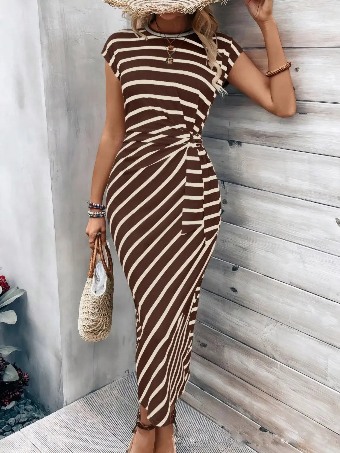 Pretty Chique Striped Midi Dress – Cap Sleeve Style - -
