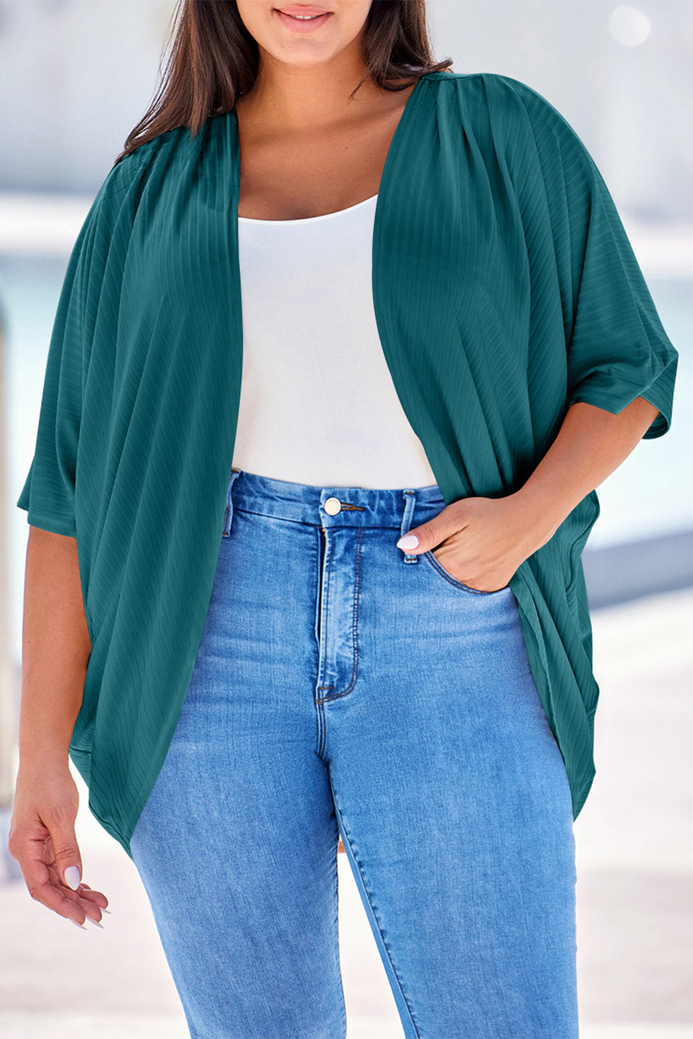 Plus Size Ribbed Cocoon Cover Up - Dark Green -