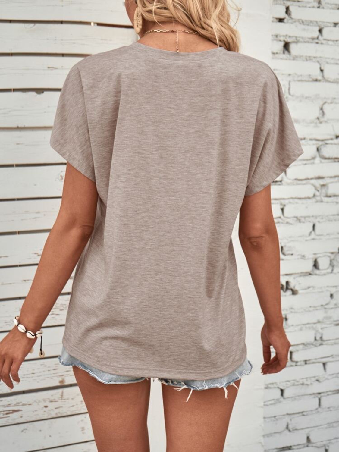 Half Button Short Sleeve Top - -