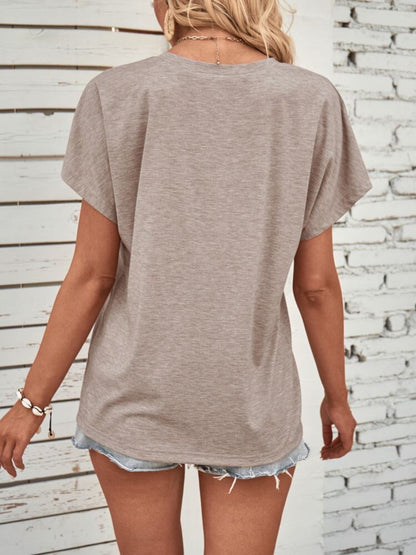 Half Button Short Sleeve Top - -