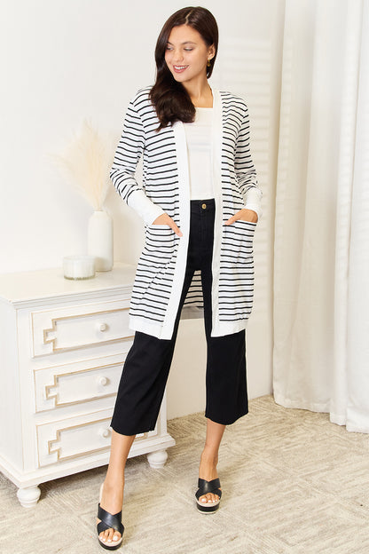 Double Take Striped Open Front Longline Cardigan - -