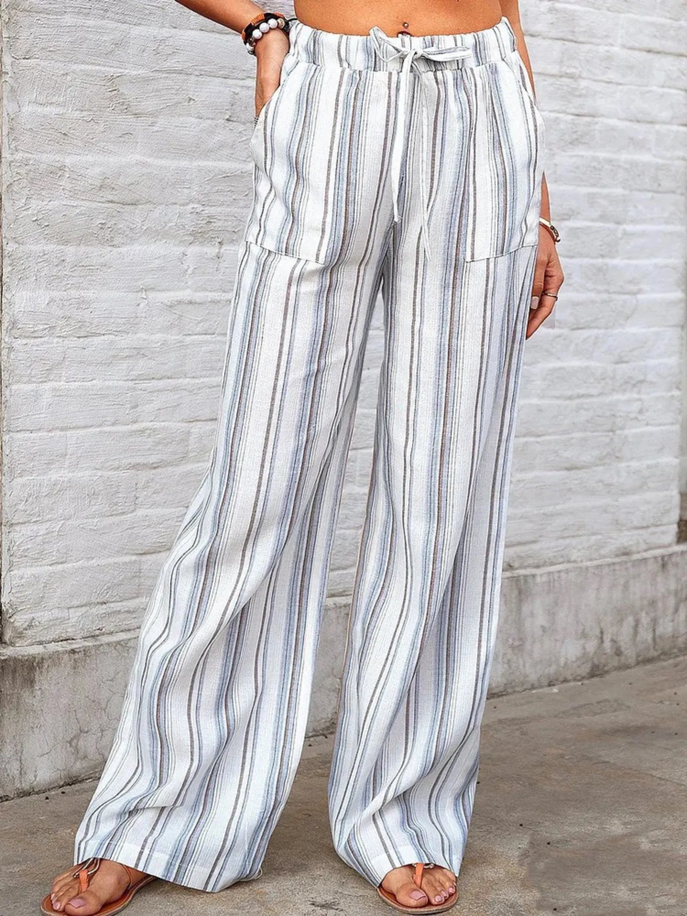 Full Size Striped Wide Leg Pants Plus Size - Light Blue -