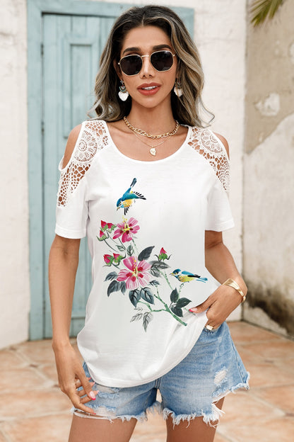 Lace Detail Round Neck Cold Shoulder Blouse