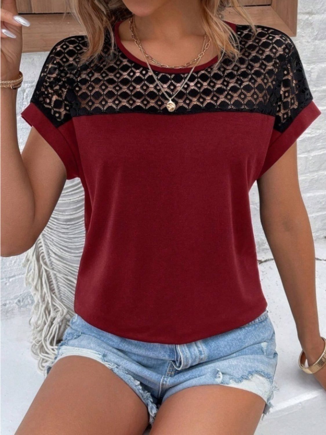 Contrast Lace Round Neck Short Sleeve Blouse - -