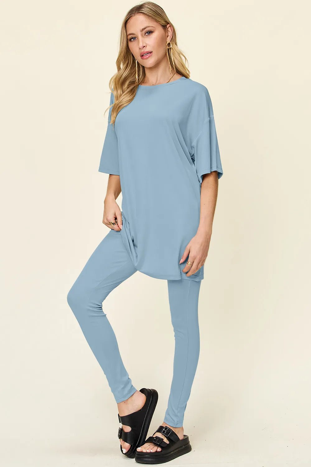 Double Take Full Size Round Neck Dropped Shoulder T-Shirt and Leggings Set - -