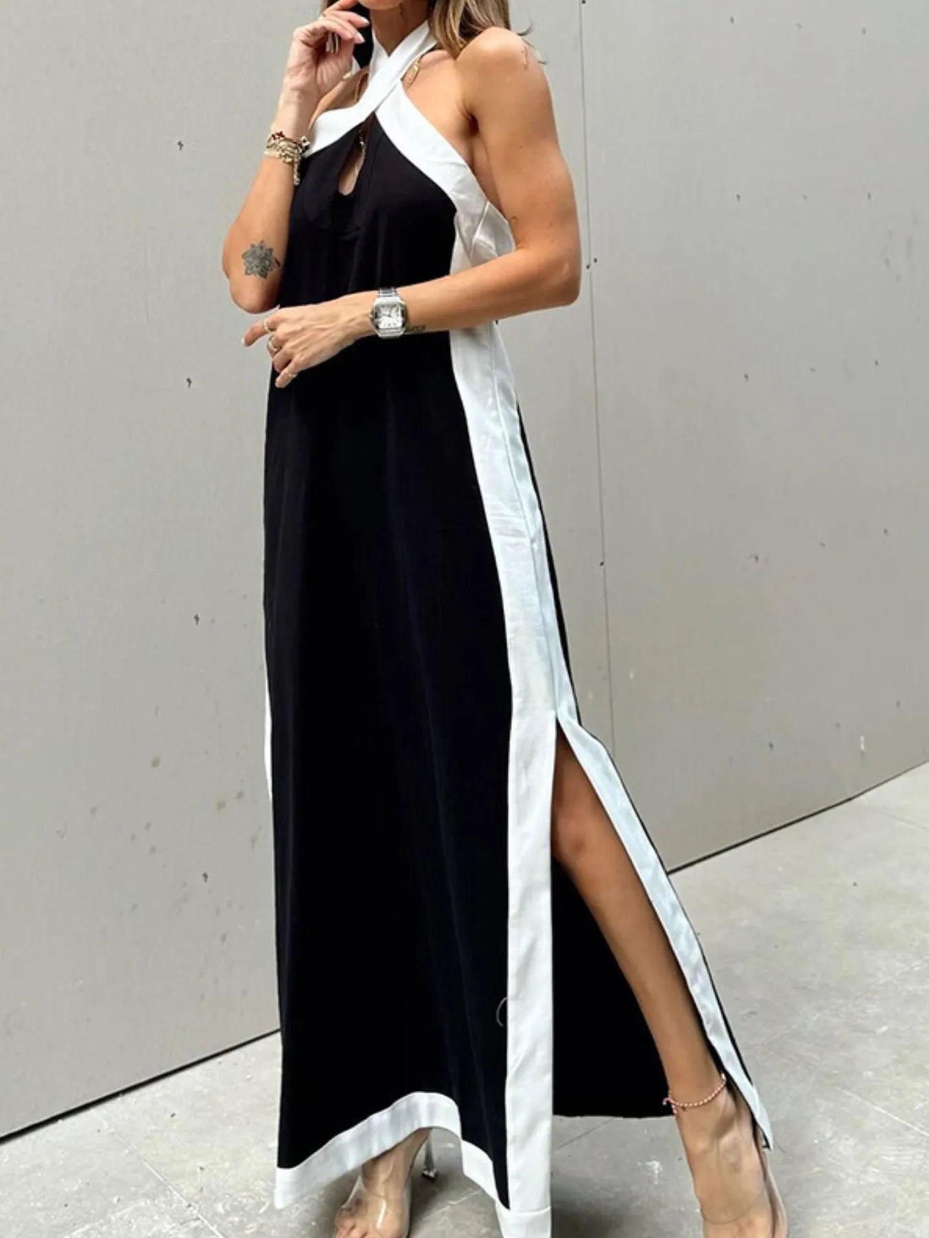 Contrast Halter Sleeveless Maxi Dress – Trendy Summer Slit Dress | SCB Level Stylish - -