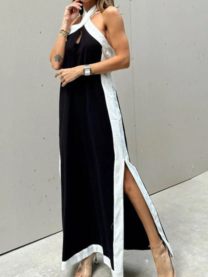 Contrast Halter Sleeveless Maxi Dress – Trendy Summer Slit Dress | SCB Level Stylish - -