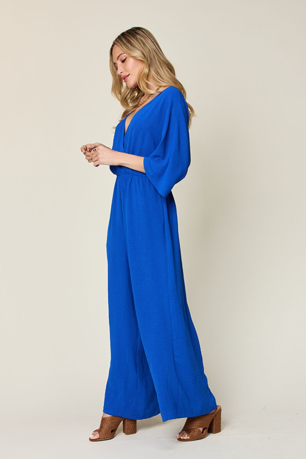 Double Take Full Size Surplice Wide Leg Jumpsuit with Pockets - -