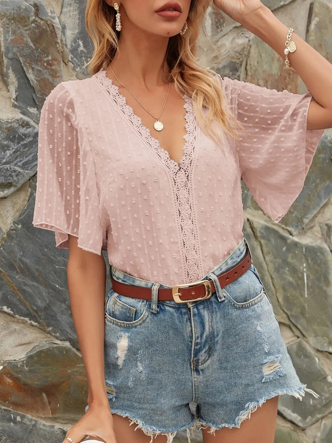 Lace Detail V-Neck Siwss Dot Blouse - Dusty Pink -