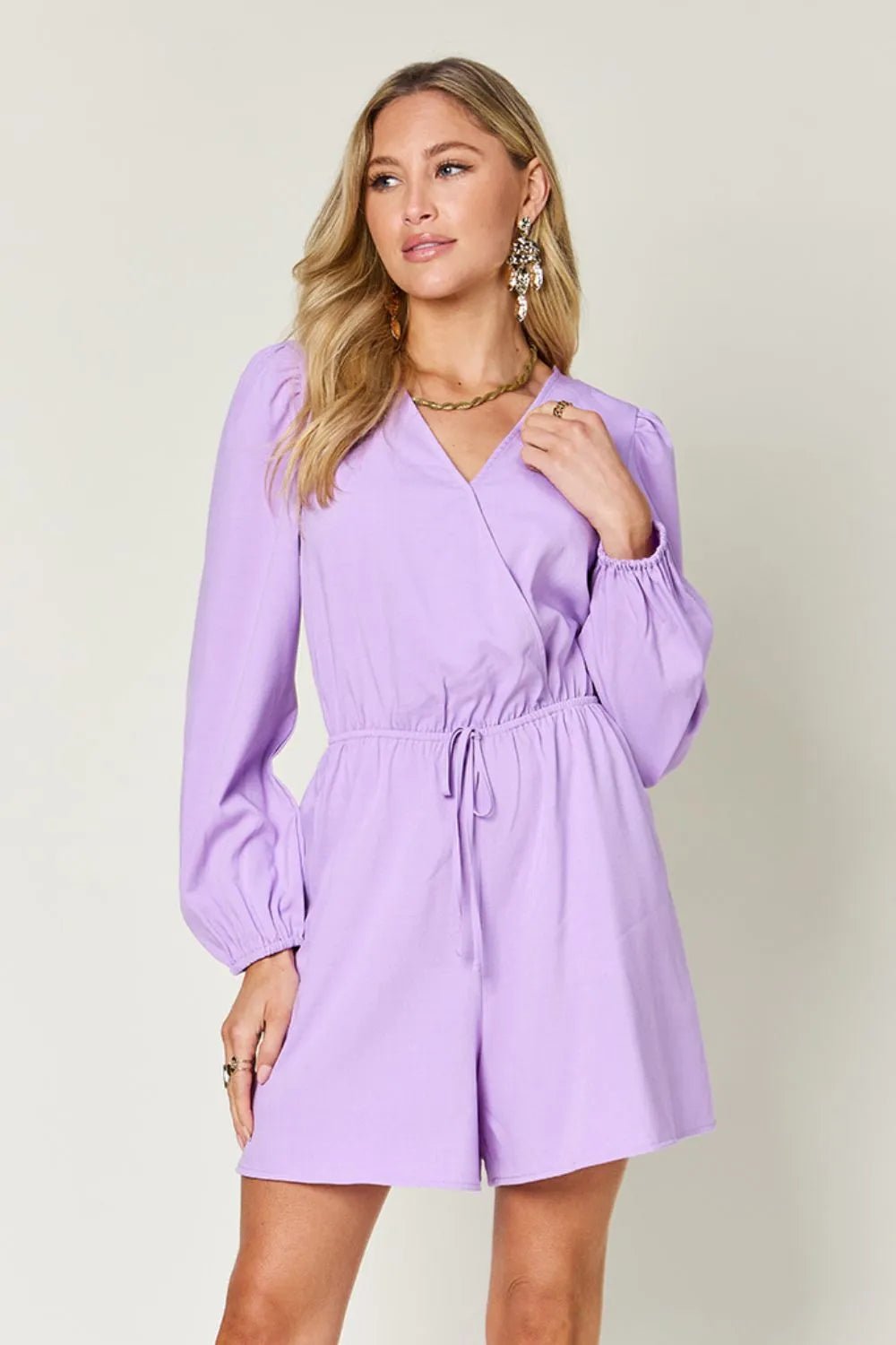 Double Take Full Size Drawstring Long Sleeve Romper - Lavender -