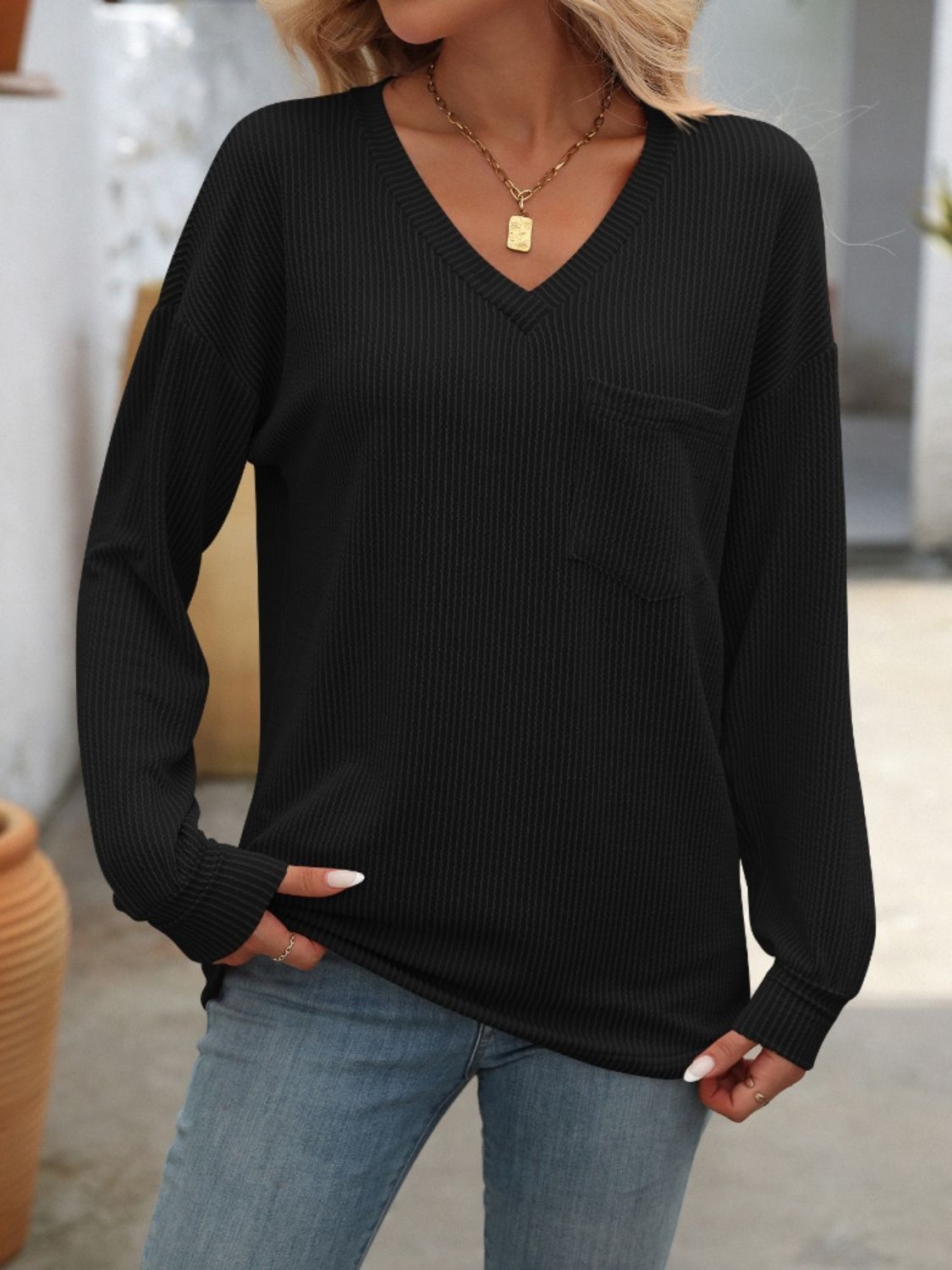 Mandy V-Neck Long Sleeve T-Shirt - -