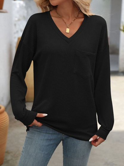Mandy V-Neck Long Sleeve T-Shirt - -