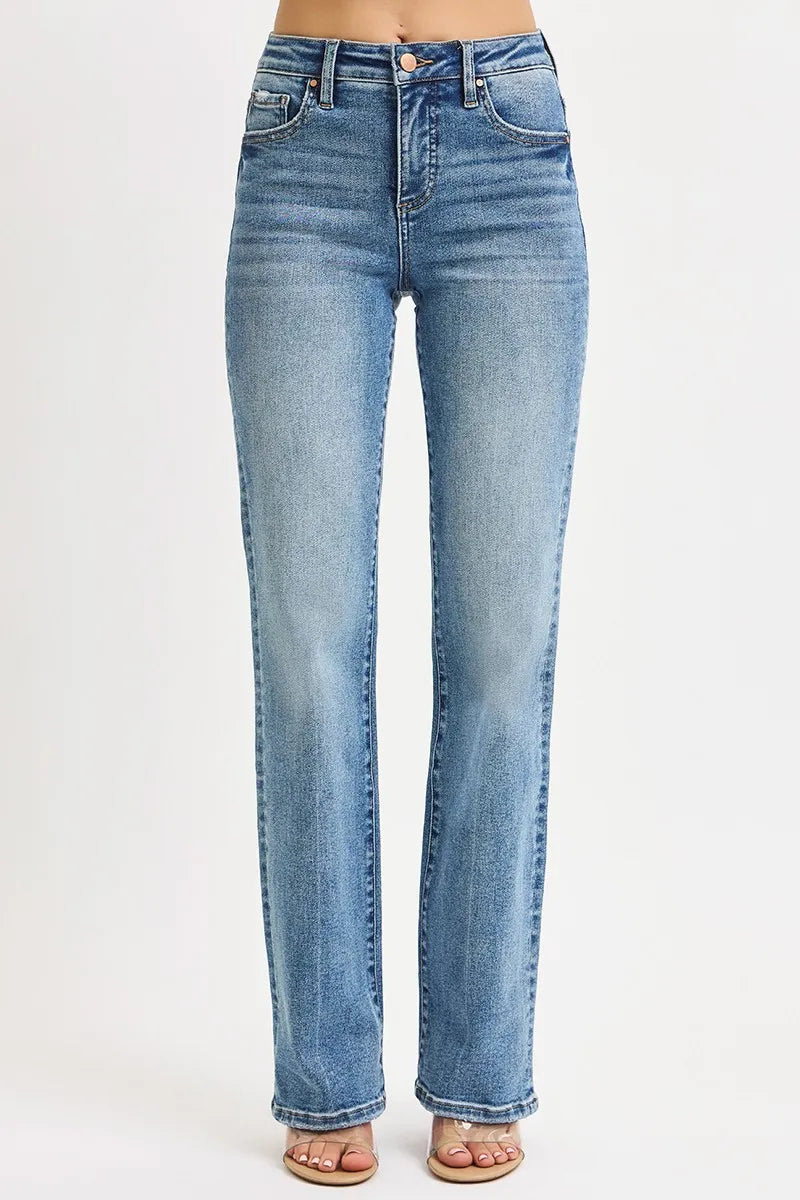 Light wash blue denim jeans, high-rise bootcut style with stretch fabric for comfort.