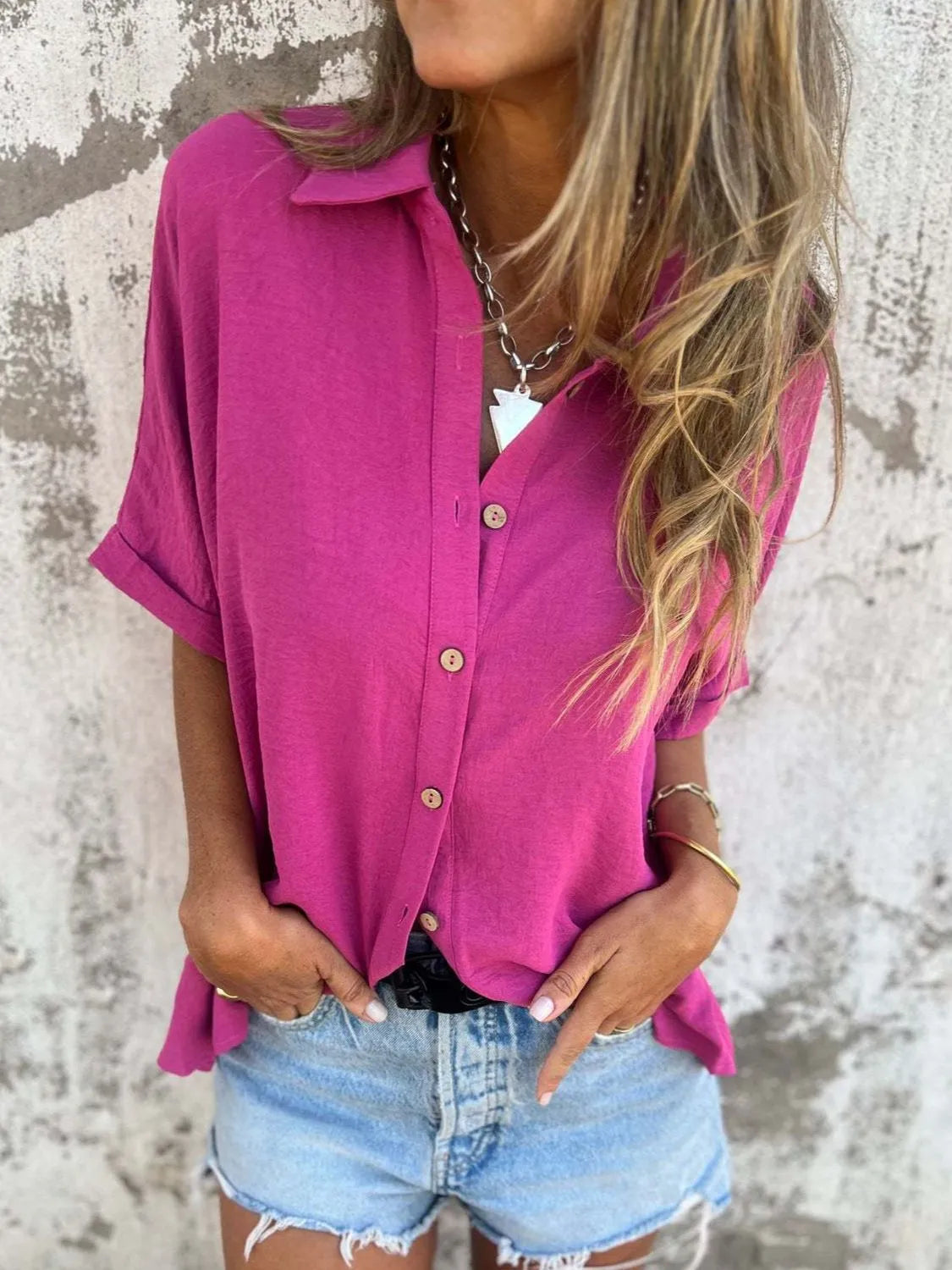 Full Size Collared Neck Half Sleeve Shirt Plus Size - Red-Violet -