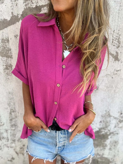 Full Size Collared Neck Half Sleeve Shirt Plus Size - Red-Violet -