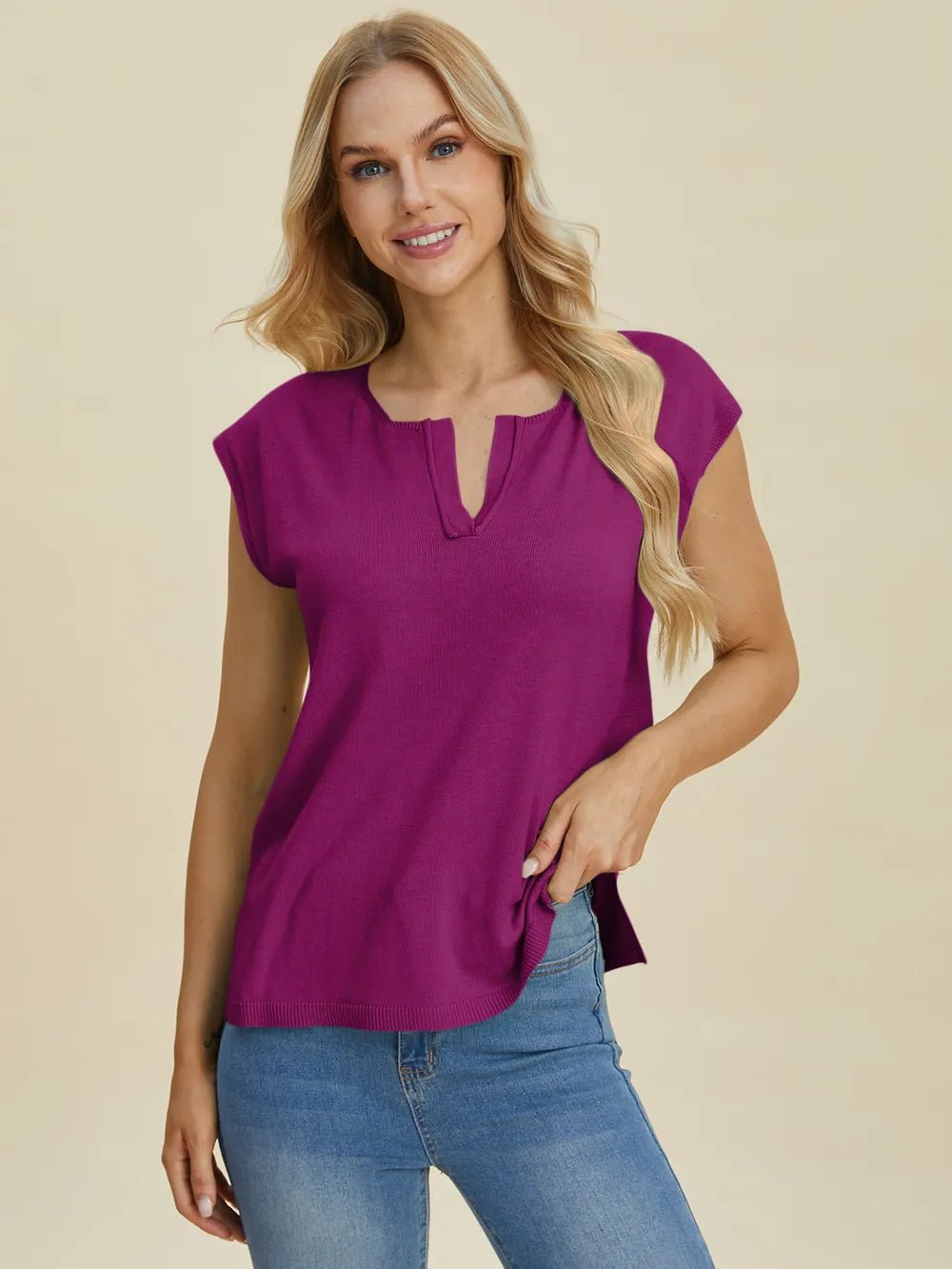 Double Take Full Size Notched Cap Sleeve Knit Top – | Shannon’s Chique Boutique