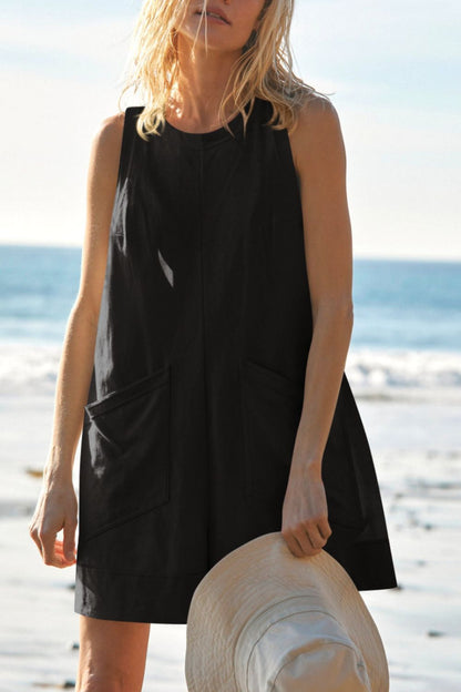 Lovelet Round Neck Sleeveless Romper with Pockets - Black -