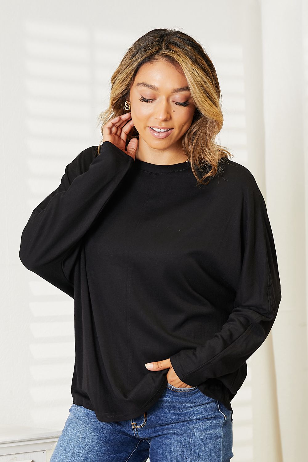 Double Take Seam Detail Round Neck Long Sleeve Top - -