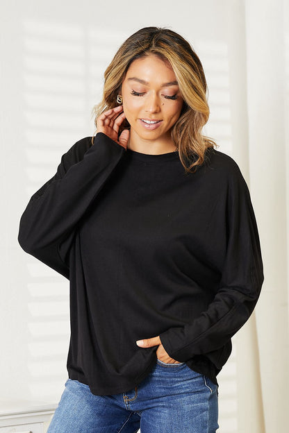 Double Take Seam Detail Round Neck Long Sleeve Top - -