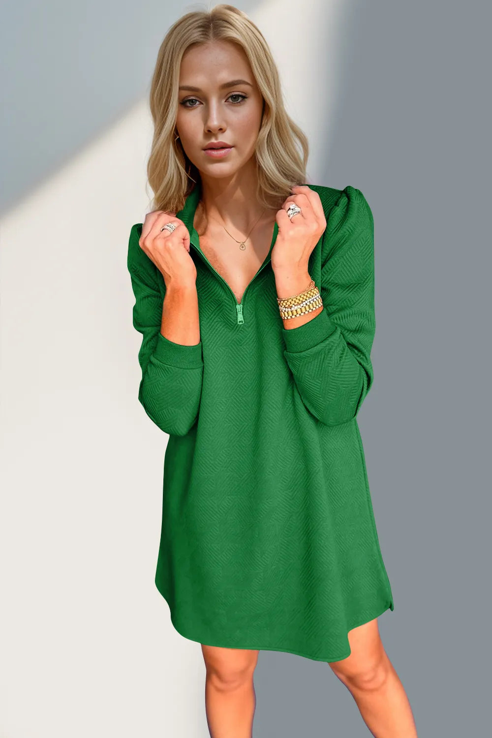 Double Take Textured Quarter Zip Long Sleeve Dress - -