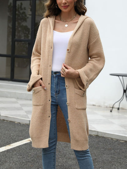 Pocketed Button Up Long Sleeve Hooded Cardigan - -