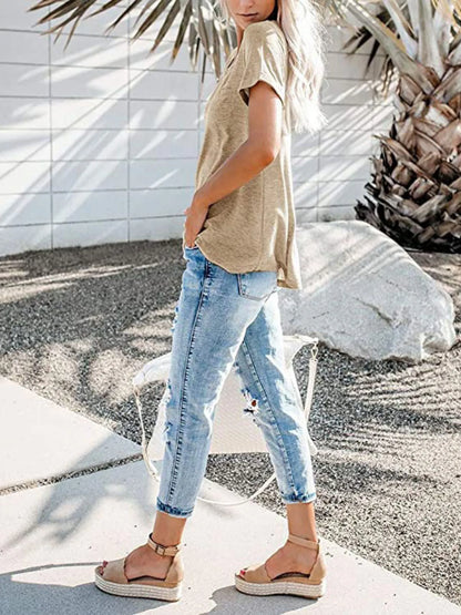 Full Size Notched Short Sleeve T-Shirt Plus Size - -