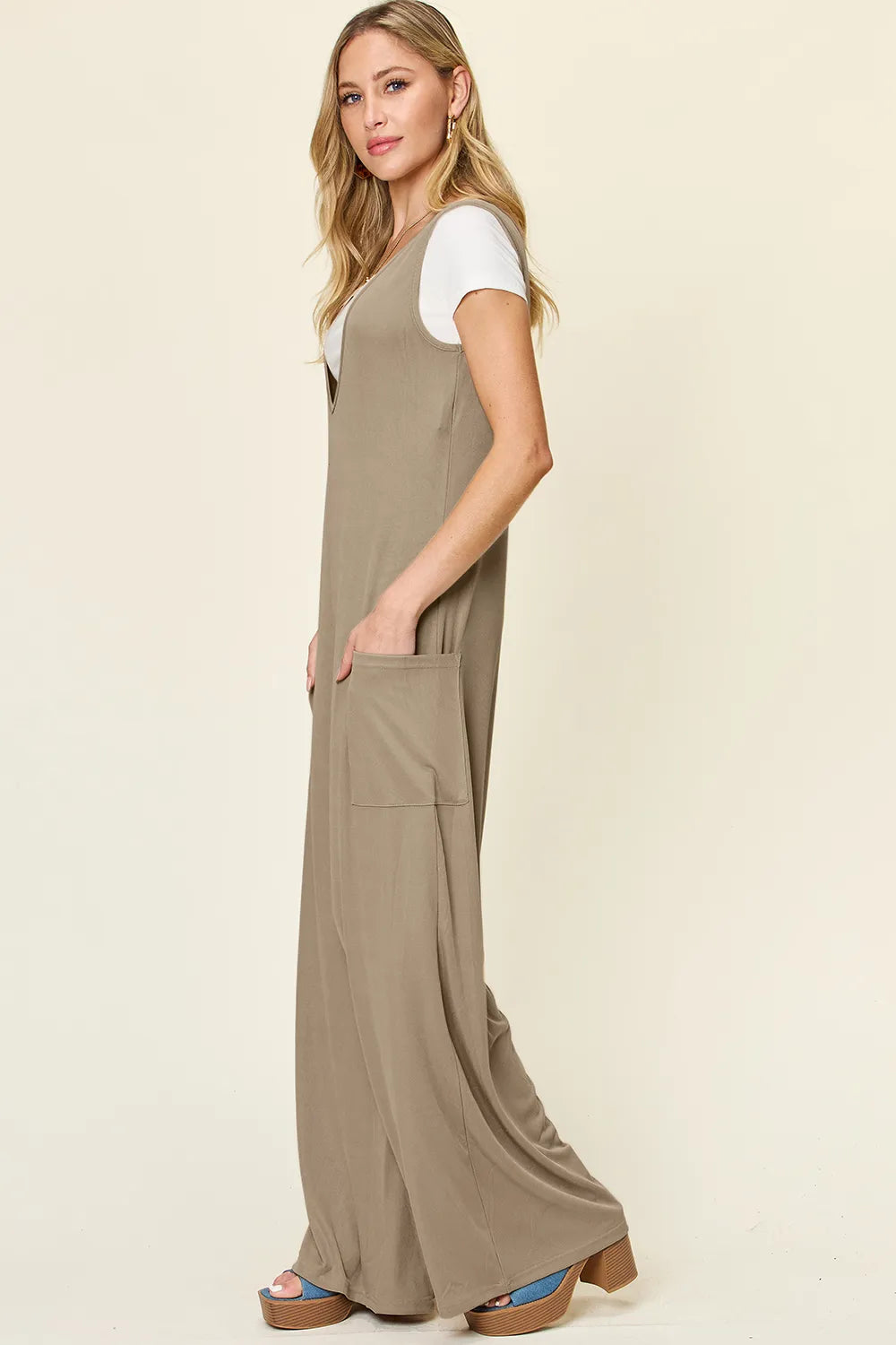 Double Take Full Size Sleeveless Wide Leg Jumpsuit with Pockets - -