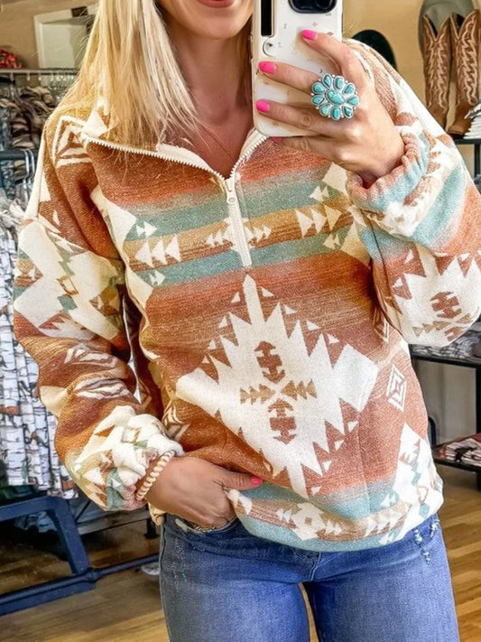 Rust and turquoise quarter-zip pullover with Aztec print, made from soft fleece material.