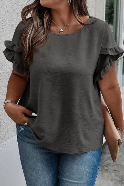 Plus Size Ruffled Round Neck Short Sleeve Blouse - Dark Gray -