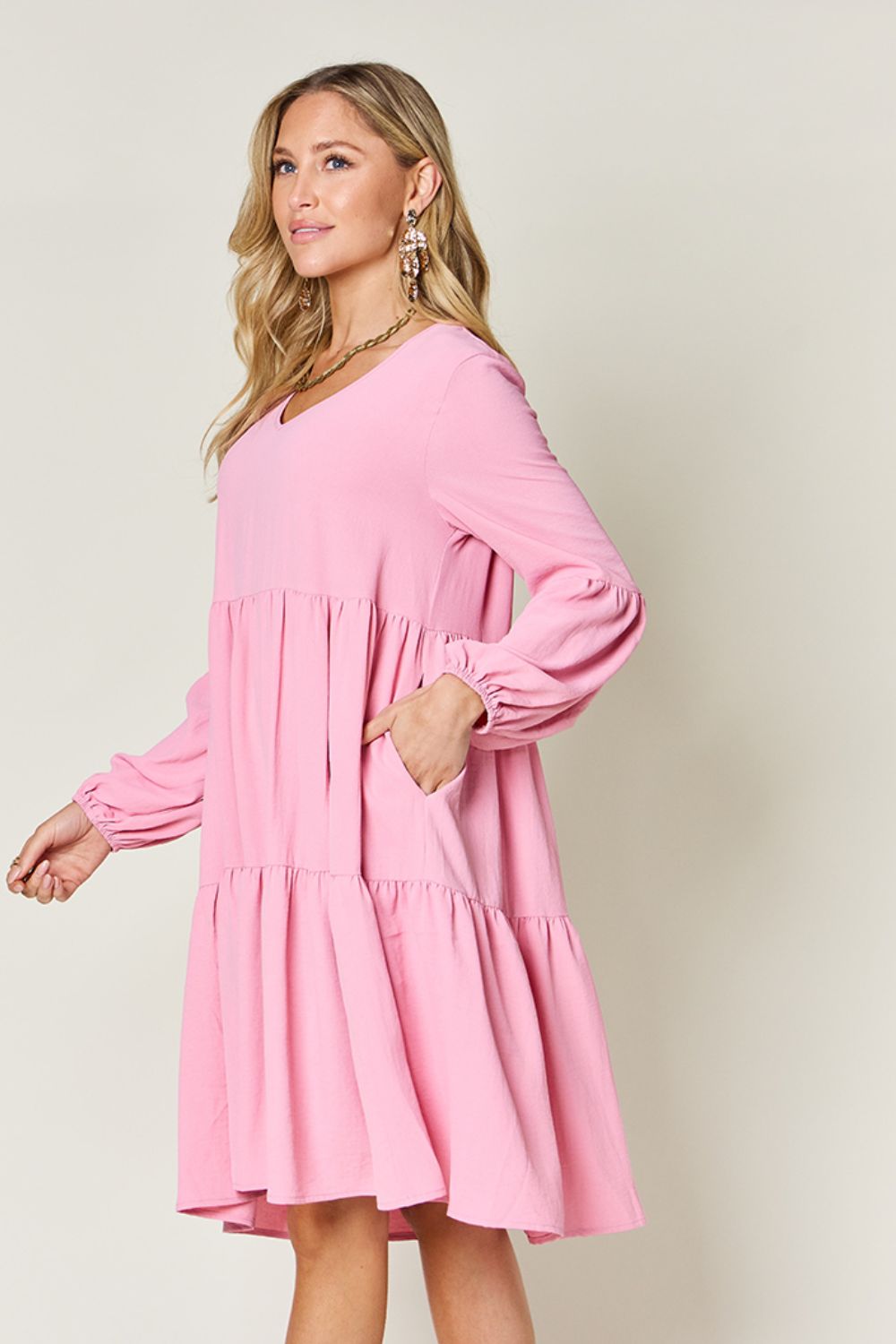 Double Take Full Size V-Neck Balloon Sleeve Tiered Dress with Pockets - -