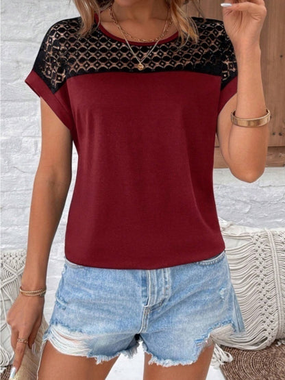 Contrast Lace Round Neck Short Sleeve Blouse - -