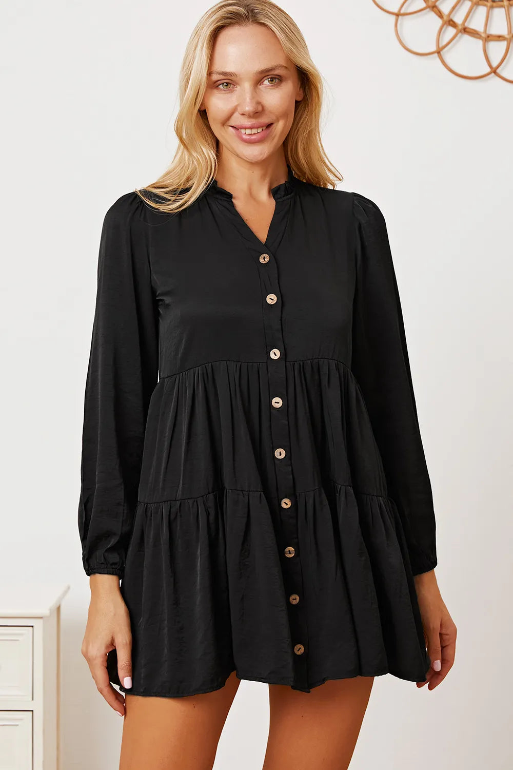 Ruffled Button Up Long Sleeve Tiered Shirt - Black -