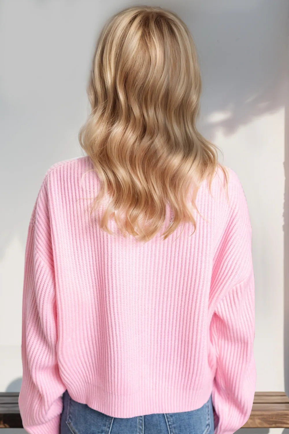 Double Take Full Size MERRY & BRIGHT Christmas Dropped Shoulder Cropped Sweater - -