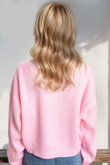 Double Take Full Size MERRY & BRIGHT Christmas Dropped Shoulder Cropped Sweater - -