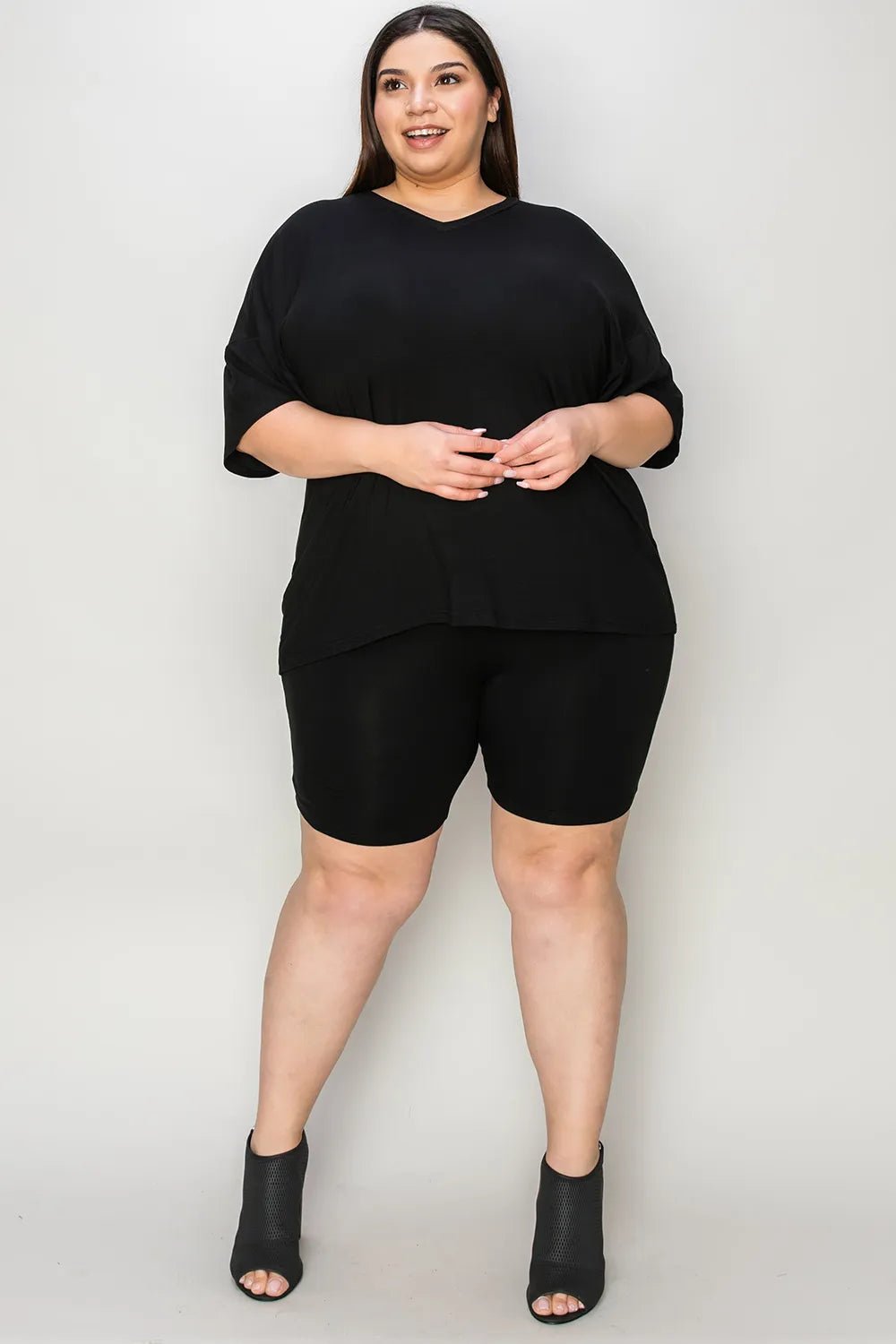 Basic Bae Bamboo Full Size V-Neck Drop Shoulder T-Shirt and Shorts Set - -