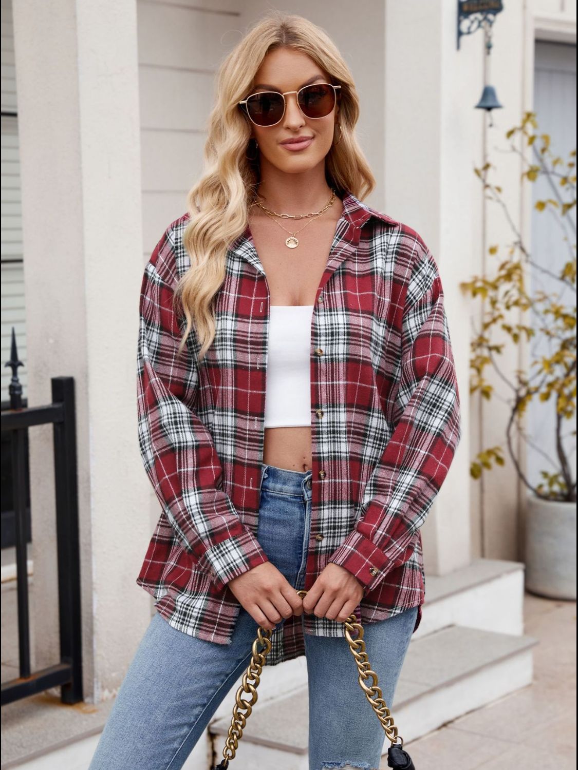 Mandy Pocketed Plaid Collared Neck Long Sleeve Shirt - -