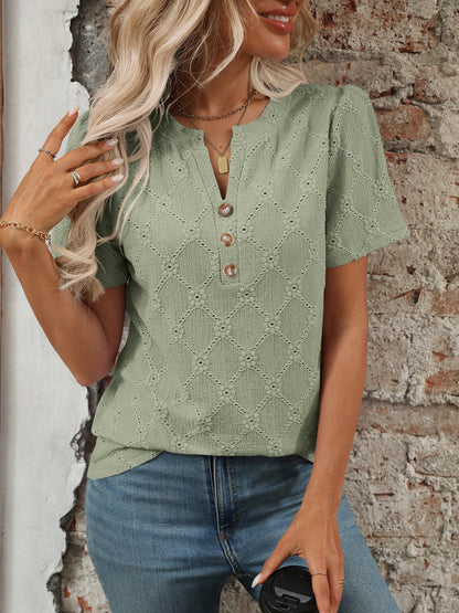 Eyelet Notched Short Sleeve Top - -