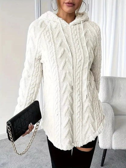 White cable knit hoodie, long-sleeve pullover style with soft fleece fabric.