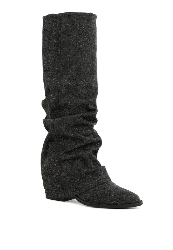 Capella Fold-Over Slouchy Denim Boot - Black -