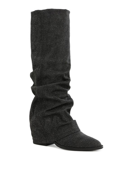 Capella Fold-Over Slouchy Denim Boot - Black -