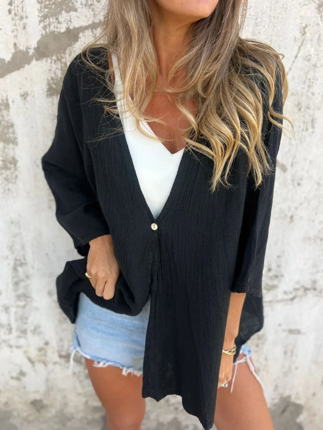 Full Size One Button Long Sleeve Shirt Plus Size - -