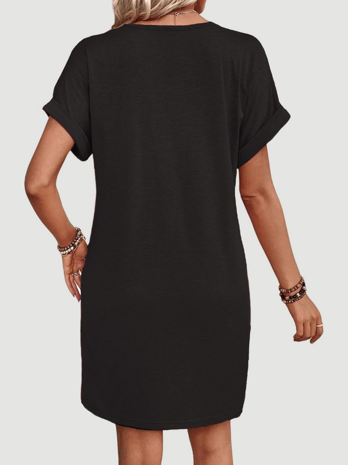 Quarter Button V-Neck Short Sleeve Dress - -