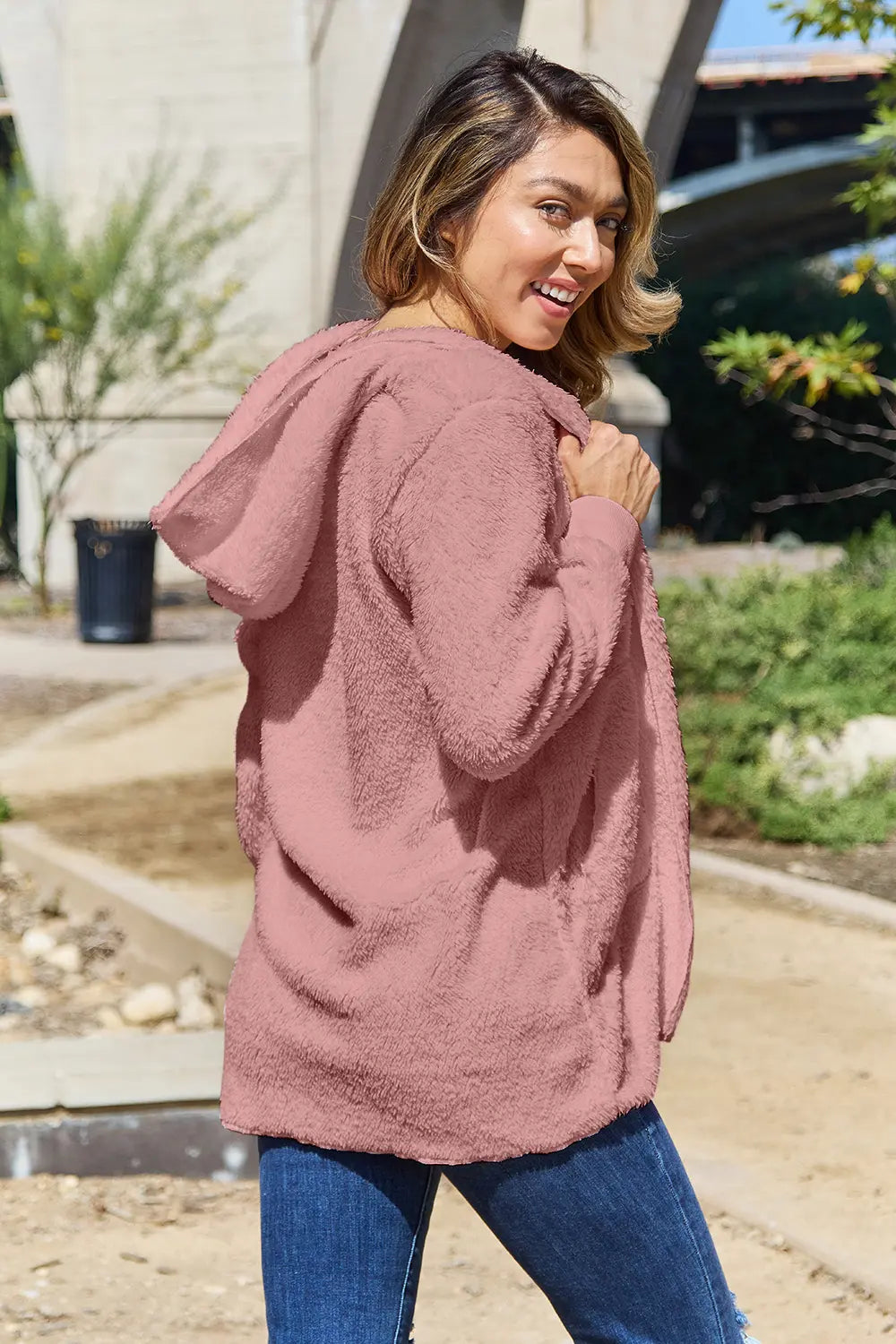 Full Size Teddy Hooded Jacket with Pockets - -