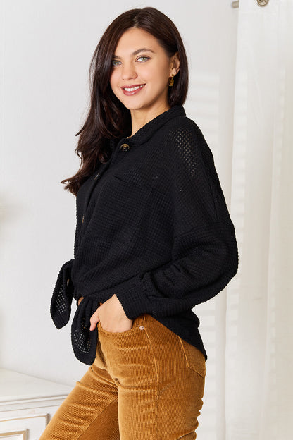 Double Take Waffle-Knit Collared Neck Dropped Shoulder Shirt - -