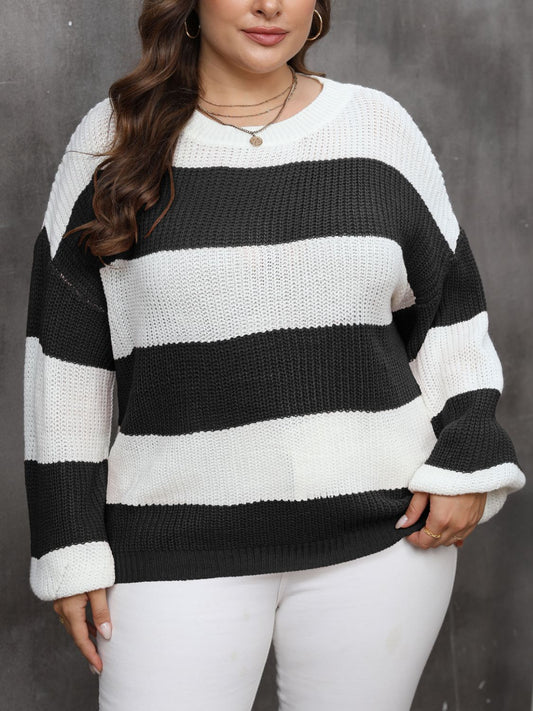 Plus Size Striped Cozy Sweater (Curve Comfort) - Black -