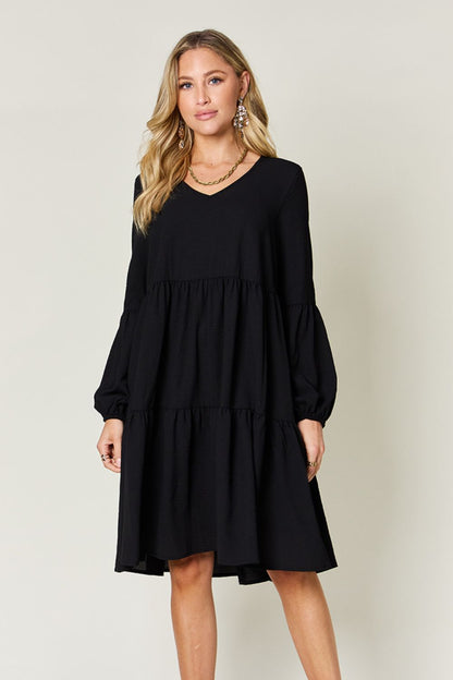 Double Take Full Size V-Neck Balloon Sleeve Tiered Dress with Pockets - Black -