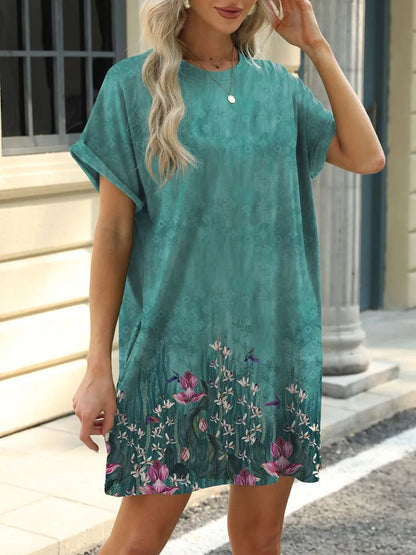 Printed Mini Dress – Pretty Round Neck Summer Chique - -