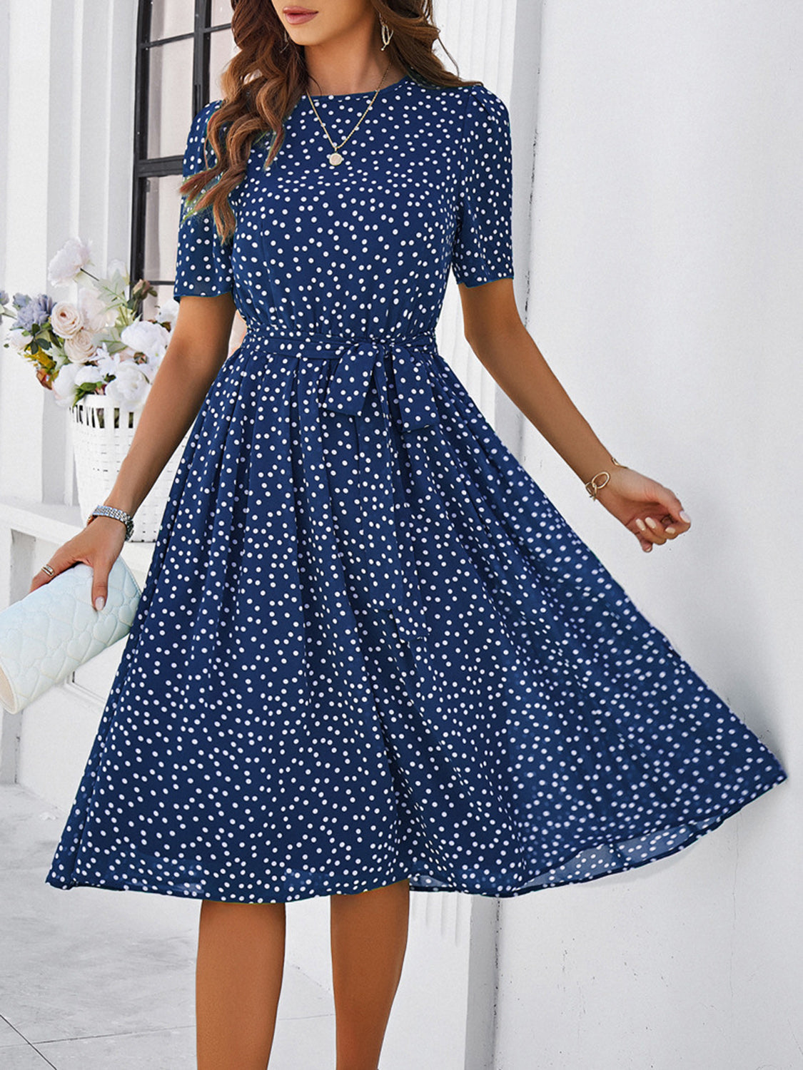 Printed Round Neck Short Sleeve Dress