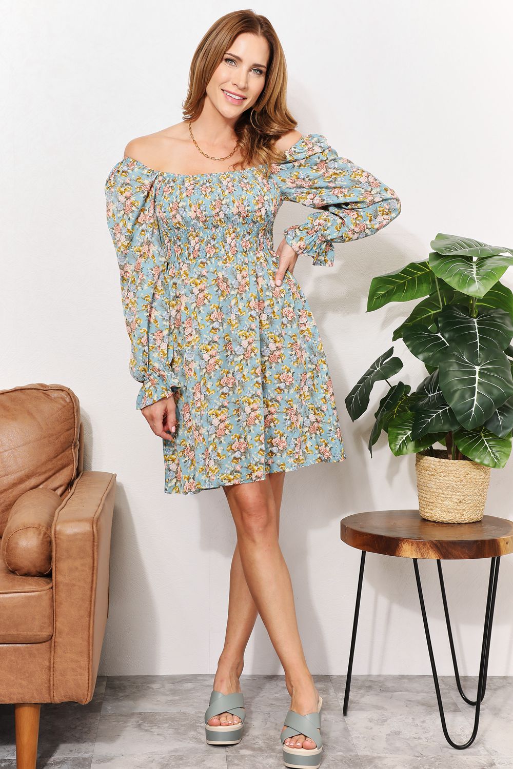 Honey Floral Smocked Flounce Sleeve Square Neck Dress - -